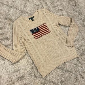 RALPH LAUREN CABLE KNOT SWEATER WITH AMERICAN FLAG
